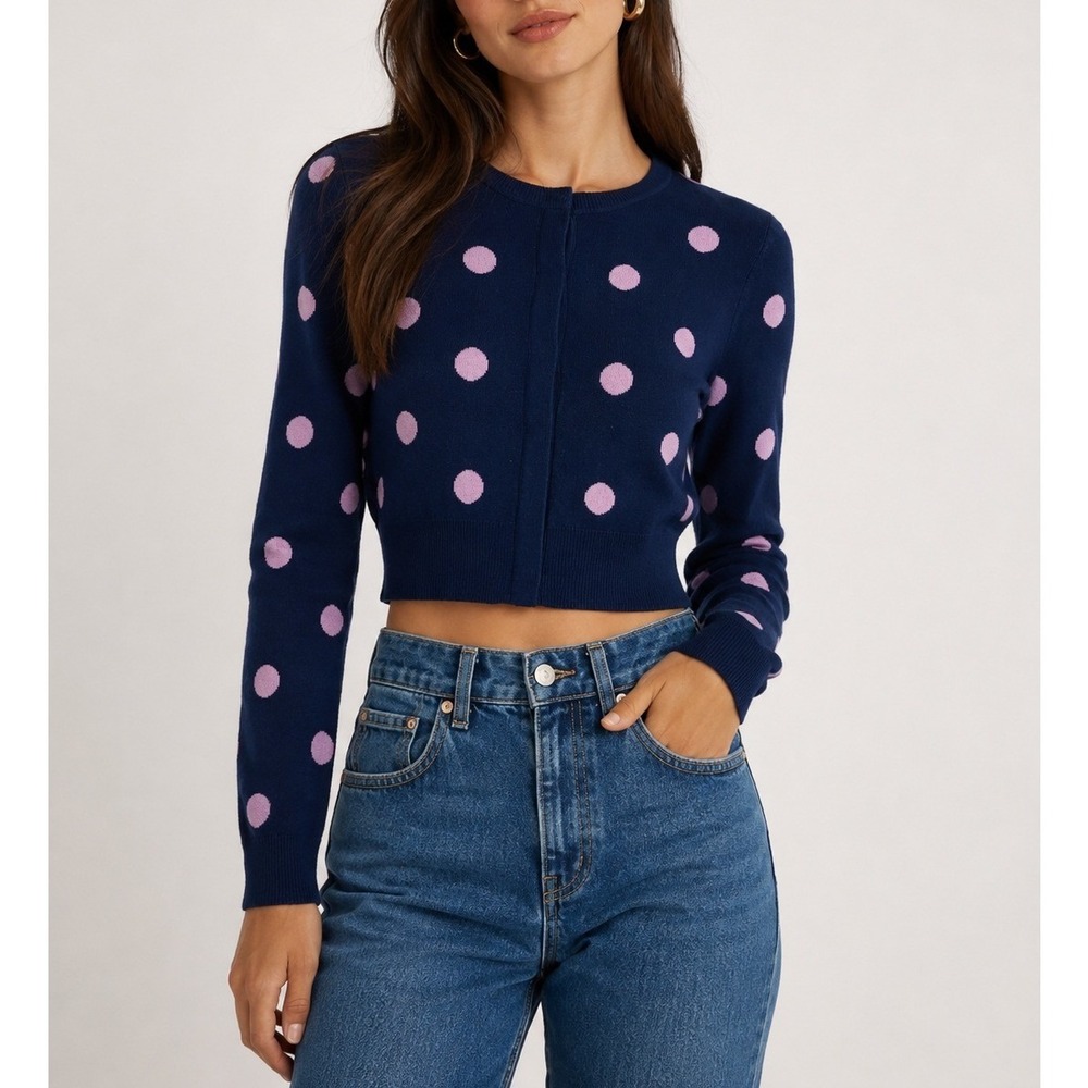 Victor Glemaud Polka dot Cropped Cardigan Navy Pink Small Twee New Girl